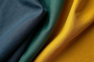 Rouleaux de tissus coton enduits colorés présentés en à plat sur une table en bois, montrant leur texture brillante et leurs couleurs variées