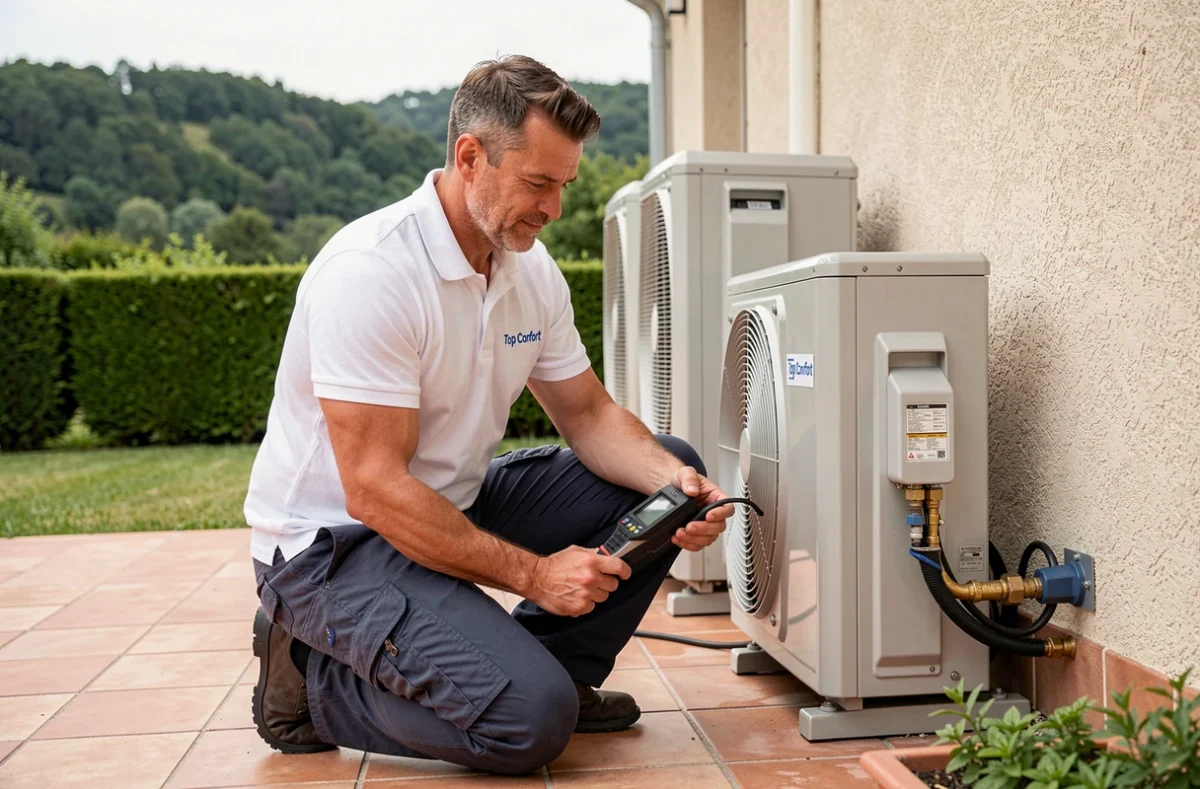 Technicien de Top Confort installant une pompe à chaleur sur une maison rénovée en Corrèze
