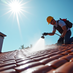 Professionnel appliquant un traitement hydrofuge sur un toit résidentiel