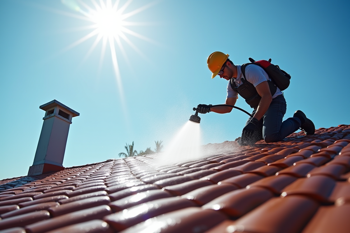 Professionnel appliquant un traitement hydrofuge sur un toit résidentiel