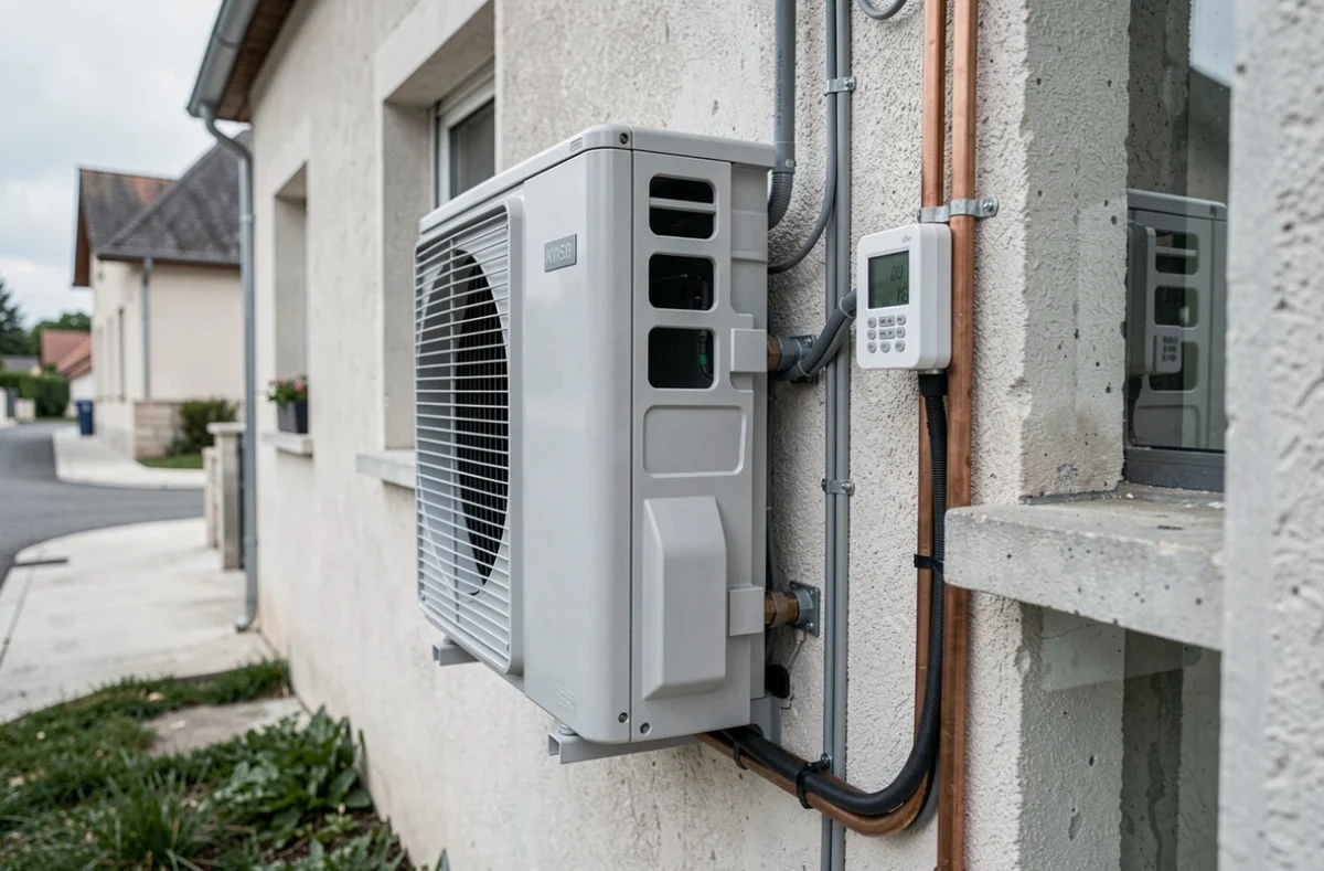 Détail d'une unité extérieure de pompe à chaleur air-eau installée sur la façade d'une maison basse consommation en France