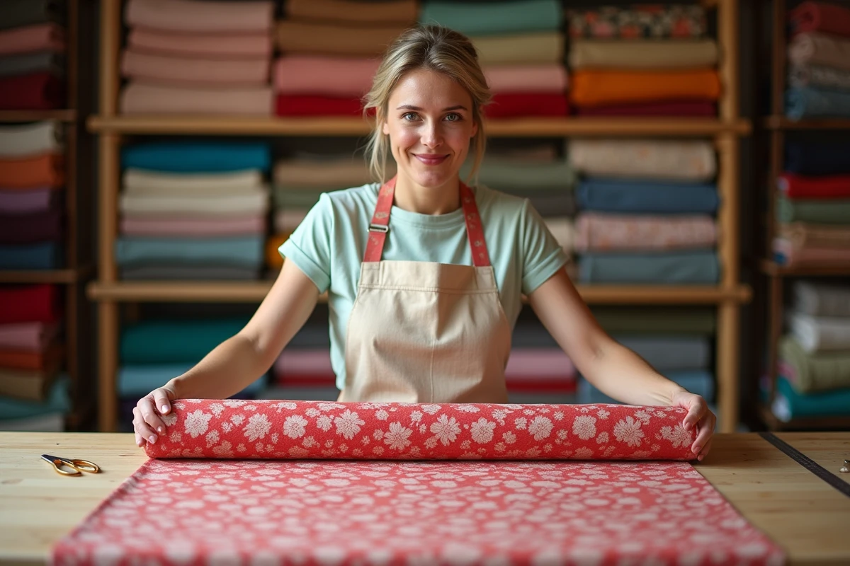 Vendeuse déroulant un tissu coton enduit à motif floral rouge sur le comptoir d'une mercerie, illustrant l'achat de tissu enduit en boutique
