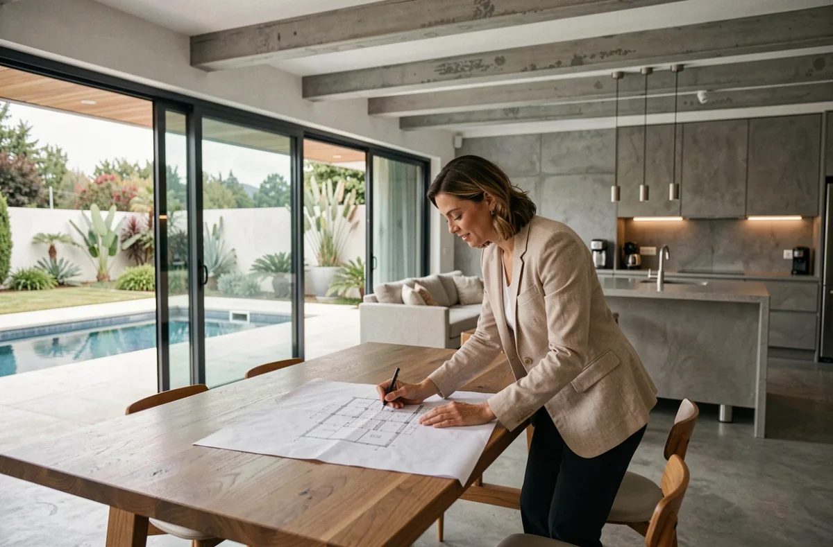 Intérieur de villa contemporaine avec salon en open space, sol en béton poli, baies vitrées donnant sur piscine privée, et femme consultant des plans architecturaux