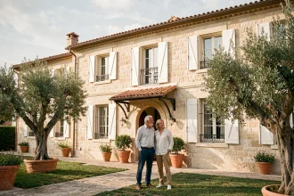 Villa de style méditerranéen avec façade en pierre calcaire, toiture en tuiles terracotta et couple devant l'entrée en arche, entourée d'oliviers et de jardinières
