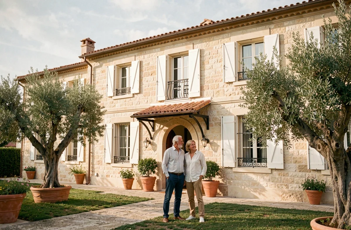 Villa de style méditerranéen avec façade en pierre calcaire, toiture en tuiles terracotta et couple devant l'entrée en arche, entourée d'oliviers et de jardinières