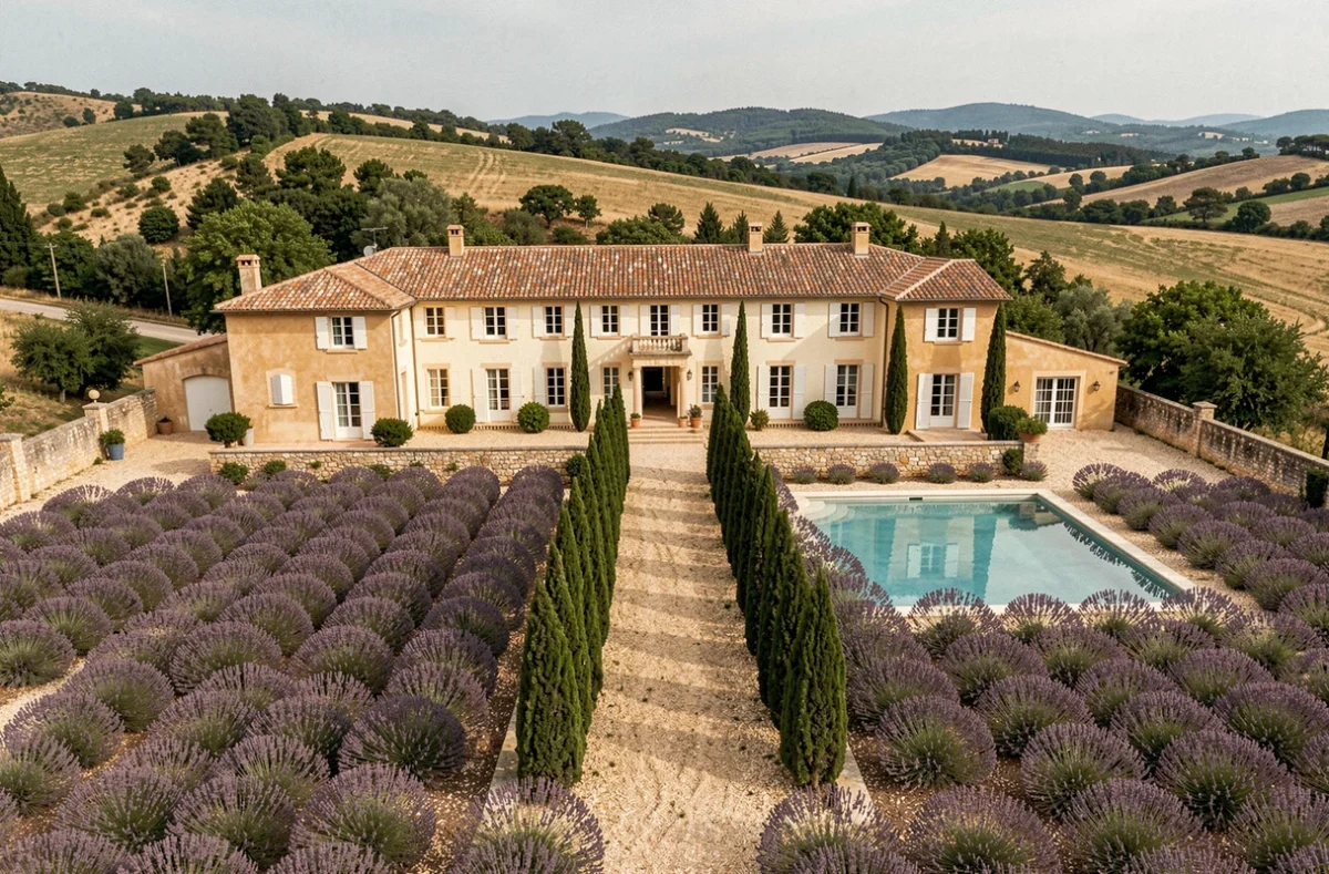 Villa provençale vue depuis une colline avec allée de cyprès, piscine rectangulaire et champs de lavande environnants sous ciel clair