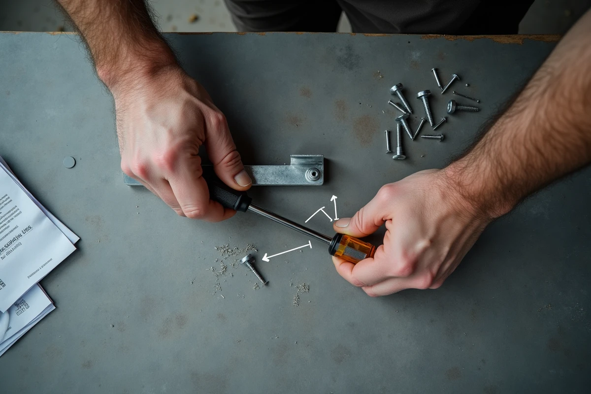 Vue de dessus de mains masculines vissant un bracket métallique avec un tournevis, montrant le sens de rotation de la vis