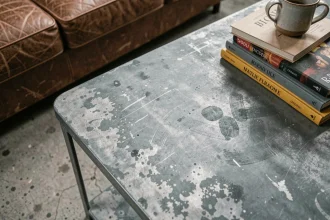Gros plan sur une surface en zinc patiné avec finition mate gris-bleu sur une table basse de salon au style industriel chaleureux