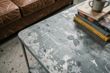 Gros plan sur une surface en zinc patiné avec finition mate gris-bleu sur une table basse de salon au style industriel chaleureux