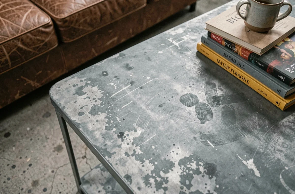 Gros plan sur une surface en zinc patiné avec finition mate gris-bleu sur une table basse de salon au style industriel chaleureux